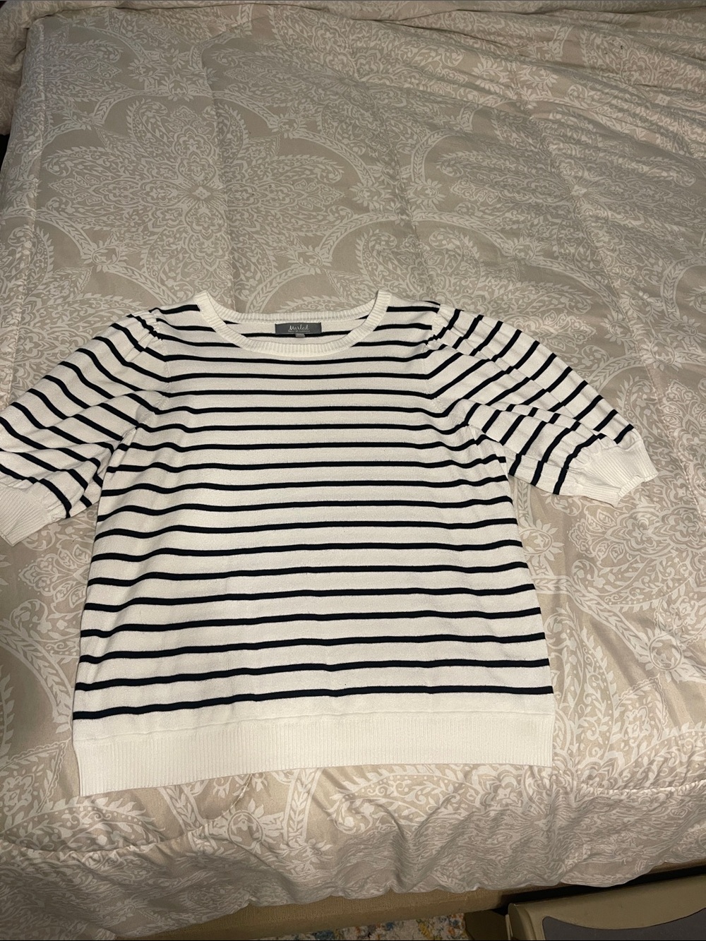 Marled White Knit Top with Black Stripes